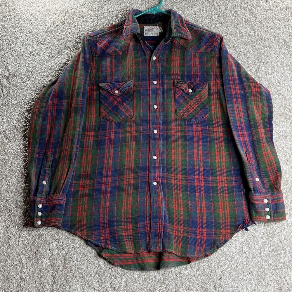 Vintage‎ 80s Wrangler Plaid Flannel Pearl Snap Long Sleeve 16x35 Extra Long Tail